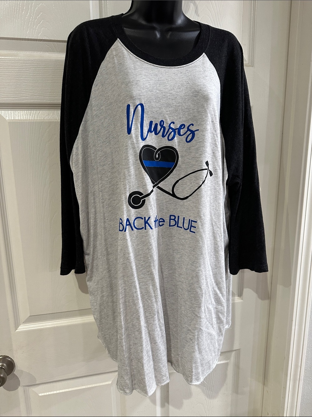 Next Level Apparel Women's Gray and Black 'Nurses Back the Blue' Raglan Tee